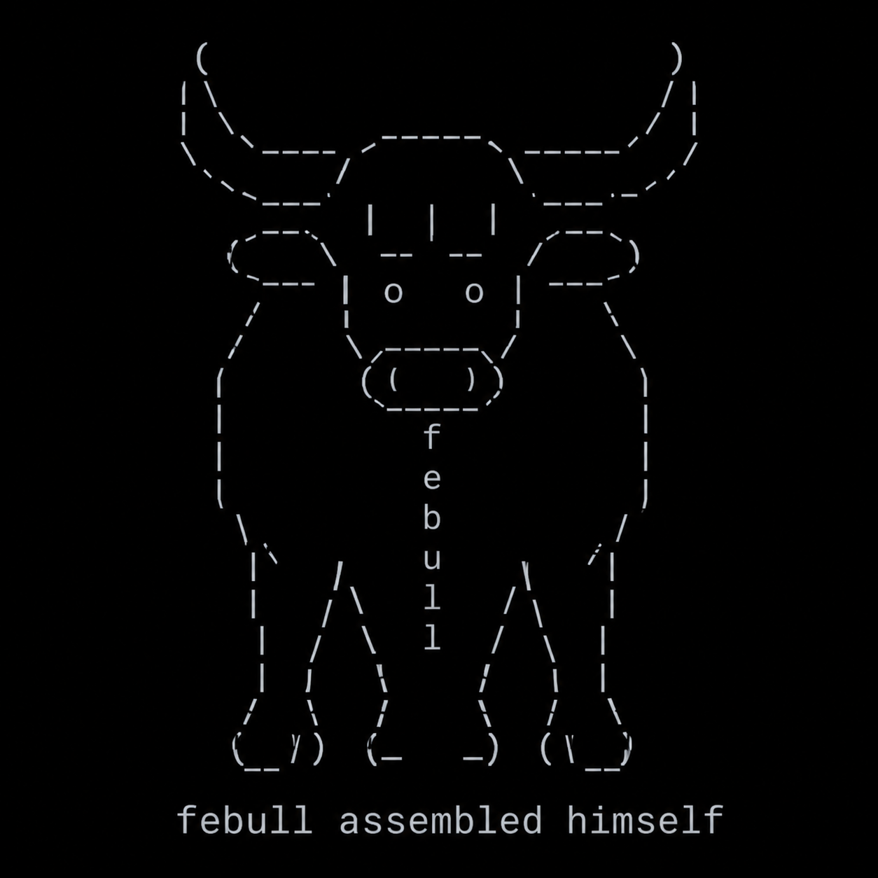 ASCII art of a bull drawn in dashed lines with the word febull down its chest